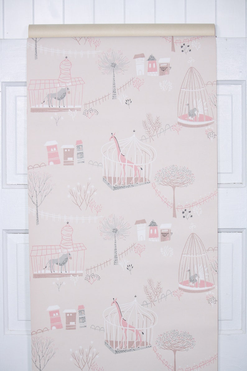 1950s Vintage Wallpaper by the Yard Retro Childrens Wallpaper with Zoo Animals and Giraffes on Pink image 3