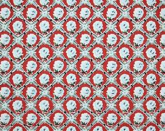 1950s Vintage Wallpaper by the Yard - Blue and Red Floral Wallpaper with Tiny Blue Roses on Red Geometric Design