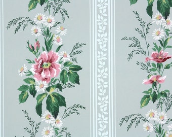 1940s Vintage Wallpaper by the Yard - Pink and White Flowers on Blue