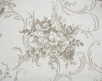 1950s Vintage Wallpaper by the Yard - Gray and Ivory Floral Wallpaper