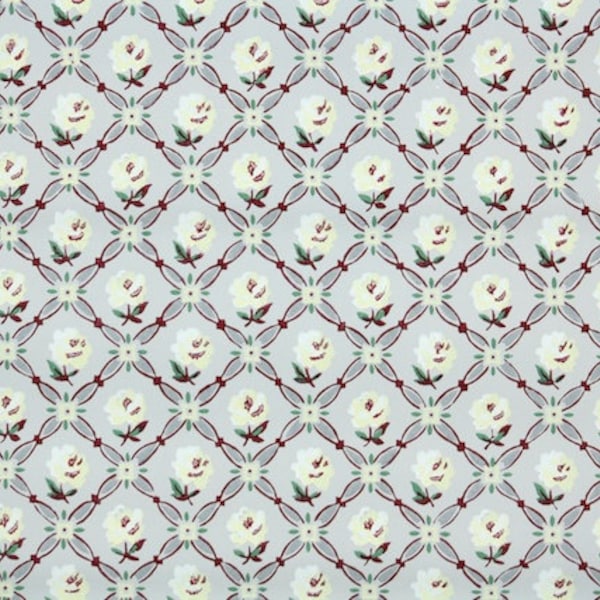 1950s Vintage Wallpaper by the Yard - Yellow Roses on Gray Geometric Lattice, Floral Wallpaper
