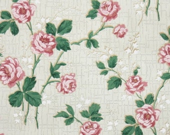1940s Vintage Wallpaper by the Yard - Floral Wallpaper with Beautiful Pink Climbing Roses on White