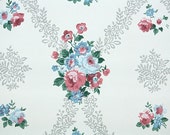 1940s Vintage Wallpaper by the Yard - Floral Wallpaper with Pink and Blue Rose Clusters on White