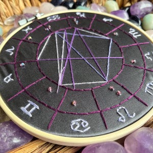 Carte natale brodée à la main personnalisée | Art mural astrologie | Cerceau pour thème du Natal personnalisé