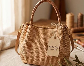 Handmade Natural Raffia and Leather Bag Made in Italy - Versatile Shoulder Bag - Ideal for Daily Use & Vacations.