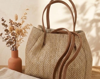 バッグ COACH Hamptons Weekend Straw Tote Bag Coach Hamptons Straw & Leather Tote Bag - Etsy