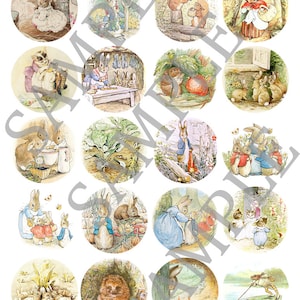 May include: A collection of 16 round illustrations featuring characters from Beatrix Potter's children's books. The illustrations include Peter Rabbit, Jemima Puddle-Duck, Squirrel Nutkin, and Mrs. Tiggy-Winkle.