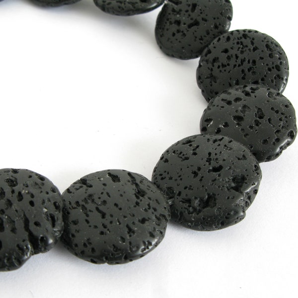16mm Lava Beads, 16mm Lava Stacking Coin Beads, 16mm Coin Black Lava Beads,  Lava Gemstone Beads, Full Strand, Lava208
