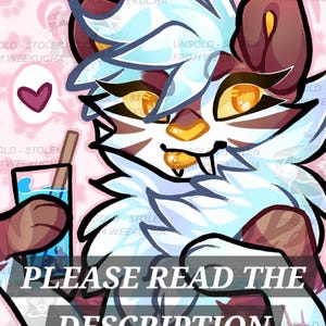 Puede incluir: Un personaje de dibujos animados peludo blanco y marrón con ojos amarillos y un corazón rosa sobre su cabeza. El personaje sostiene un vaso de líquido azul con una pajita. El texto "PLEASE READ THE DESCRIPTION" está en la parte inferior de la imagen.
