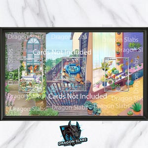 May include: A framed display featuring three Pokémon trading cards, each encased in a clear protective holder. The cards are set against a backdrop of a balcony scene with the text "Cards Not Included" and "Dragon Slabs" branding.