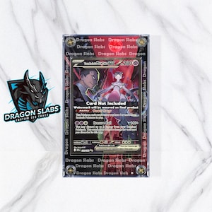 May include: A custom TCG case by Dragon Slabs, featuring a Pokemon card with a Mewtwo EX illustration. The card is encased in a protective holder with the Dragon Slabs logo and text. The card reads "Card Not Included".