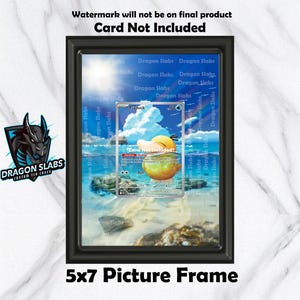 May include: Black 5x7 picture frame displaying a Pokemon card with a Psyduck illustration. The card is set against a beach scene background. The frame has the text "Card Not Included" and "5x7 Picture Frame".