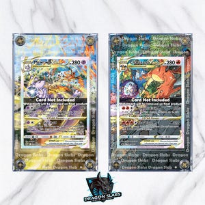 May include: Two collectible trading card slabs featuring Pokémon characters Mewtwo and Charizard. The cards are encased in clear protective holders with the "Dragon Slabs" logo. The Mewtwo card has purple and blue hues, while the Charizard card features orange and red.