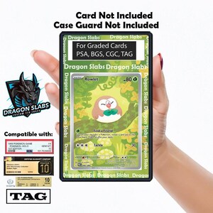 May include: A black card holder with the text "Dragon Slabs" and "For Graded Cards" is held in a hand. The holder contains a Pokemon card featuring Rowlet. The card is graded and labeled with a score of 10. The holder is compatible with PSA, BGS, CGC, and TAG.