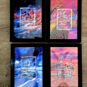 May include: Four framed examples of 5x7 inch artwork. Each black frame contains a colorful illustration of a trading card. The cards feature various characters and landscapes. The bottom of the image reads "5x7 Frame Examples."
