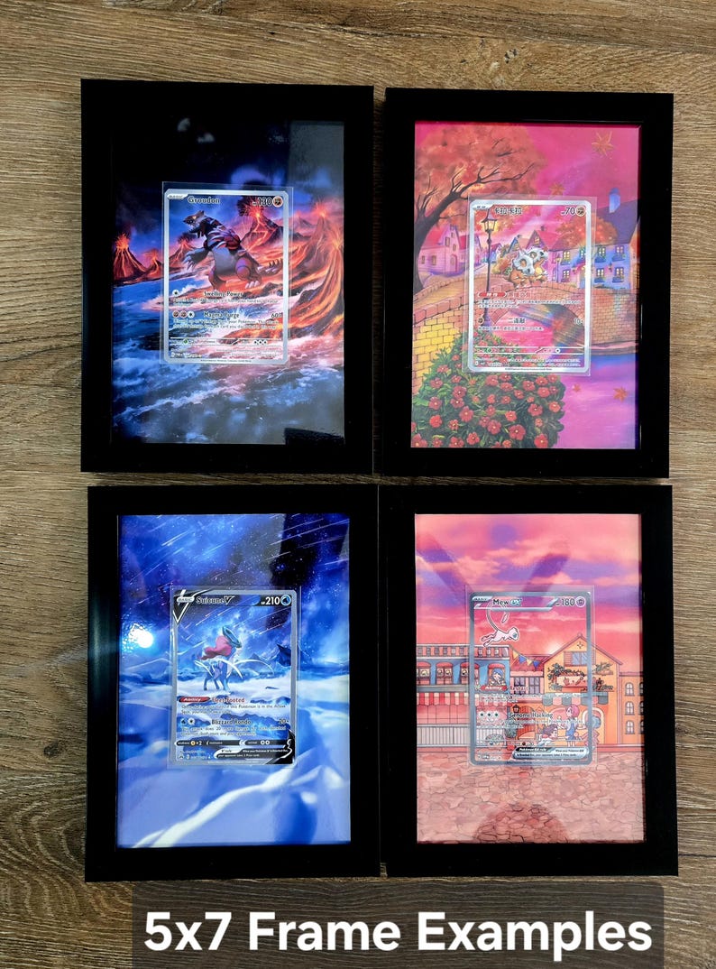 May include: Four framed examples of 5x7 inch artwork. Each black frame contains a colorful illustration of a trading card. The cards feature various characters and landscapes. The bottom of the image reads "5x7 Frame Examples."