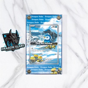 May include: A Piplup Pokémon card in a clear Dragon Slabs case. The card shows a blue penguin character and the text "Card Not Included". The case is printed with the text "Dragon Slabs". The case is designed to protect the card.