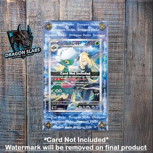 May include: A blue and white Pokemon card featuring a green and white Pokemon character with a woman in a black and white outfit. The card is titled "シロナのロズレイド" and has a power of 130. The card is in a protective plastic case with the text "Dragon Slabs" repeated around the border.