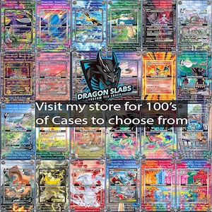 May include: A display of trading card game cards in protective cases, showcasing diverse designs and characters. The image includes the text "DRAGON SLABS CUSTOM TCG CASES" and "Visit my store for 100's of Cases to choose from."