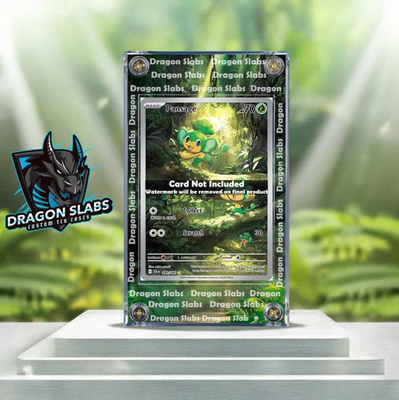May include: A clear acrylic case containing a Pokemon trading card. The card features a green and yellow Pansage character. The case has the words "Dragon Slabs" printed on the sides. The text "Card Not Included" is also visible.