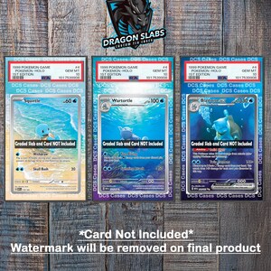 Könnte beinhalten: Drei Pokémon-Sammelkarten in Schutzhüllen. Die Karten sind Squirtle, Wartortle und Blastoise. Die Karten sind mit Gem Mint 10 bewertet. Die Hüllen sind mit "DCS Cases" und "Dragon Slabs" beschriftet.