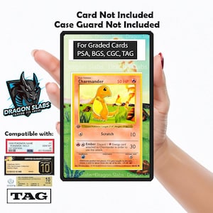 May include: A black case guard for graded cards, featuring a Pokémon Charmander card. The case is compatible with PSA, BGS, CGC, and TAG graded cards. The case has the text "Card Not Included" and "Case Guard Not Included".