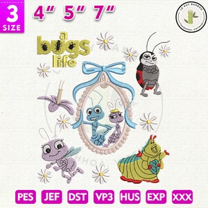 Magic Kingdom Bugs Story Embroidery, Floral Bugs Cartoon Stitch, Cute Animation Insect Applique File, Trendy Nature Design, Instant Download