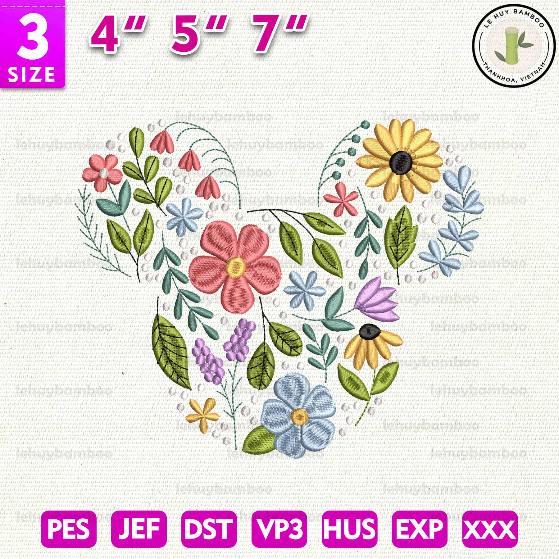 Floral Mouse Head Embroidery Design, Magical Kingdom Embroidery Design, Magic Mouse Flower Embroidery File, Instant Download