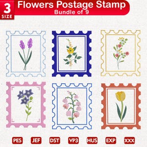 Paquete de 9 sellos de flores para bordar, paquete de sellos bohemios de flores para bordar, juego de 9 sellos de flores, descarga instantánea