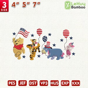 Patriotic Bear And Friends Embroidery Design, 4th Of July Embroidery Design, Cartoon Movie Embroidery Design, Instant Download