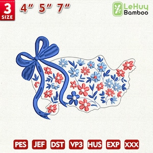 Diseño de bordado del 4 de julio, bordado de flor de coqueta americana, diseño de mapa chinoiserie de EE. UU., bordado patriótico, descarga instantánea