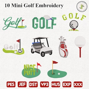 Zestaw 10 wzorów do haftu Mini Golf, zielona kurtka, piłka golfowa i koszulki, piłka golfowa z kokardą, wieniec golfowy, Masters, wózek golfowy, torba golfowa, otwór
