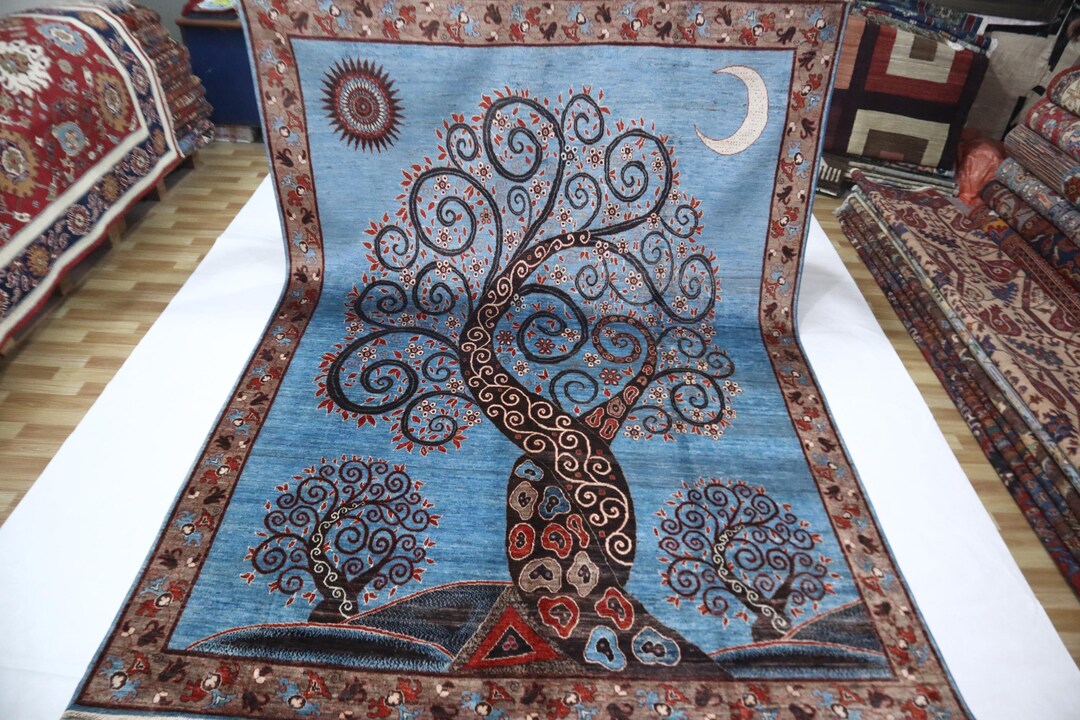 8x10 Ft Tree Design Area Rug, Light Blue Afghan Hand Knotted ...