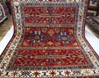 8x10 Röd Kazakisk Ullmatta - Handknuten Afghansk Geometrisk Traditionell Matta
