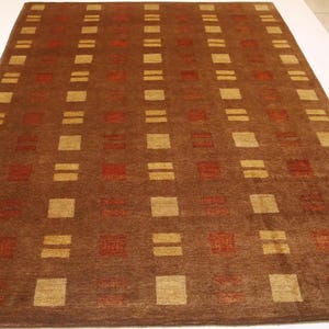 Brown 8x12 Gabbeh Area Rug - Afghan Hand Made Checkered Thick Pile Wool Rug - Check Design Rug - Dining Room Rug - Living Room Rug