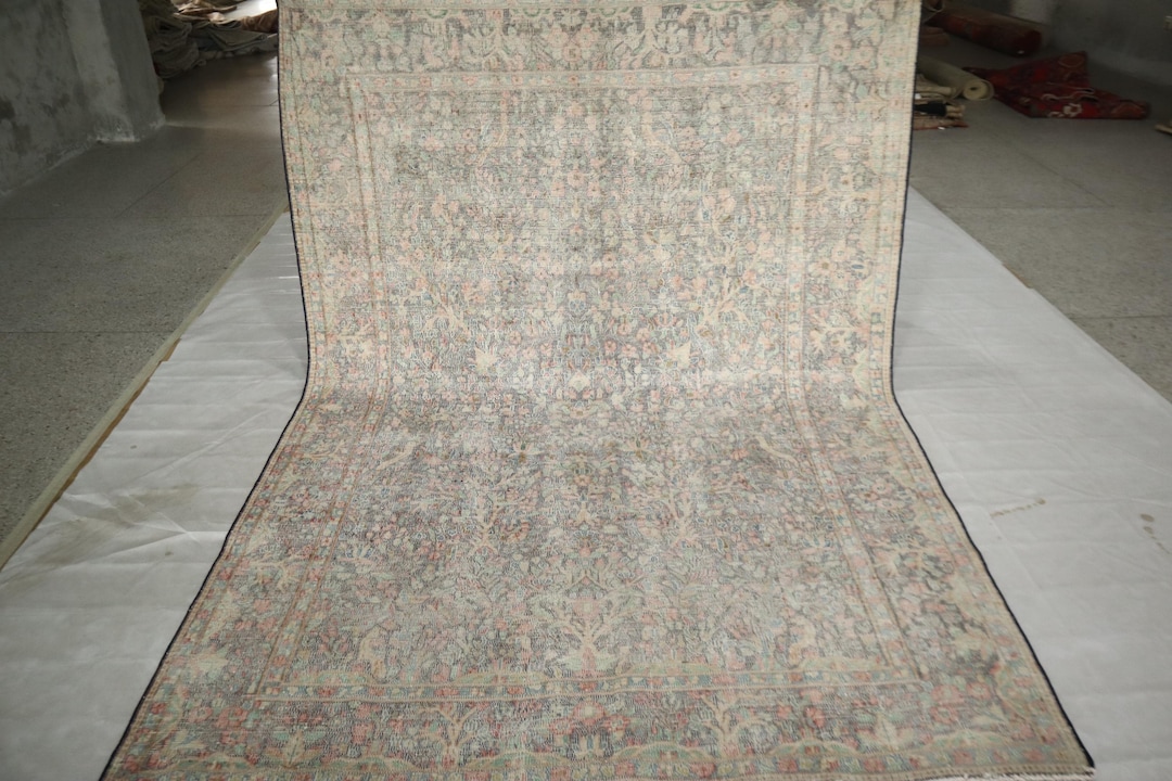 6x8 Ft Oriental Vintage Area Rug, Muted Blue Persian Style Hand Knotted ...