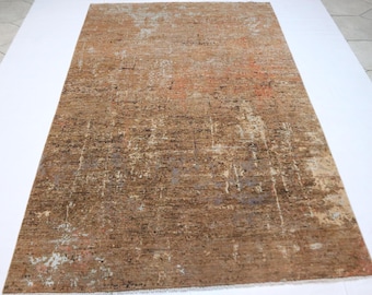 7x10 Brown Abstract Area Rug - Afghan Handmade Modern Silk Touch Wool Rug - Contemporary Rug - Art Rugs - Bedroom Rug - Living Room Rug