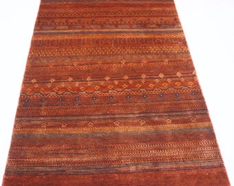4x6 Gabbeh Wollteppich - Rostorange Afghanischer handgeknüpfter gestreifter Lori Baft Teppich