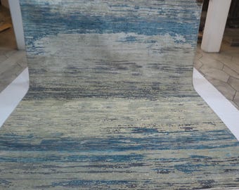8x10 Abstract Silk Touch Wool Rug - Gray Blue Turkish Hand Knotted Ocean Weave Design