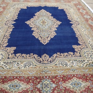 Blue 10x13 Kerman Area Rug - Vintage Persian Style Hand Knotted Low Pile Wool Rug - Medallion Rug - Oversize Rug - Dining Room Rug