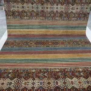 9x12 Ft Multicolor Khorjin Area Rug, Afghan Hand Knotted Striped & Geometric Veg Dye Wool Rug, Boho Rug, Living Room Rug, Dining Room Rug