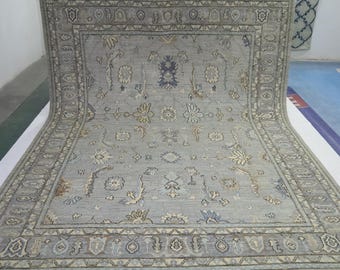 Alfombra oriental gris de 9 x 12 pulgadas, estilo persa con hojas de hoz, anudada a mano, de lana teñida con vegetales, alfombras para sala de estar, dormitorio y comedor