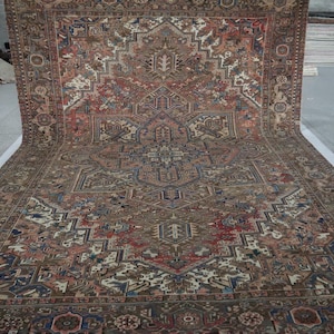 Vintage Heriz 10x13 Area Rug - Muted Red Persian Style Handmade Geometric Low Pile Wool Rug - Antique Rug - Living Room Rug -Oversize Rugs