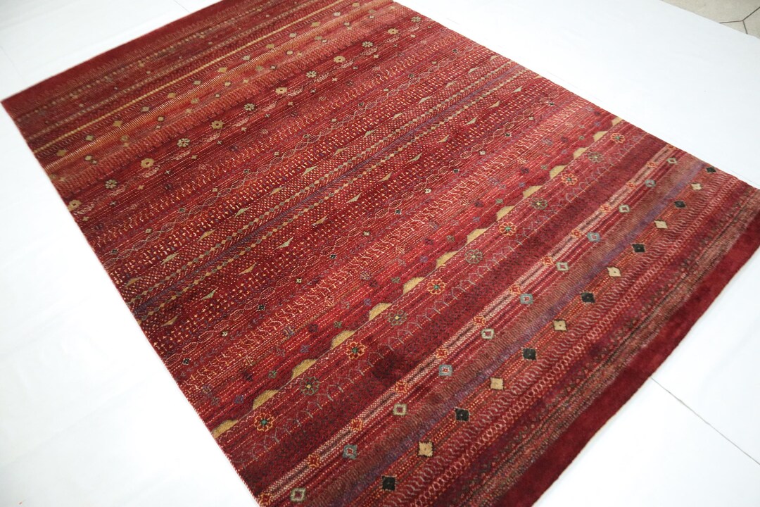 6x8 Ft Red Gabbeh Area Rug, Afghan Hand Knotted Geometric Plush Wool ...