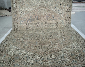 10x13 Vintage Heriz Area Rug - Brown Persian Style Handmade Geometric Low Pile Wool Rug - Antique Rug - Oversize Rug - Living Room Rug