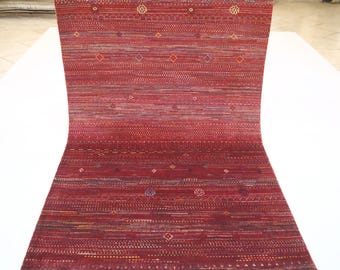 4x6 Tribal Gabbeh Wool Rug - Red Afghan Hand Knotted Striped Lori Baft Rug