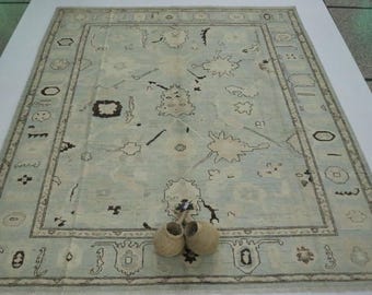 Alfombra Oushak de 8 x 10 pulgadas, alfombra turca de lana suave anudada a mano con flores en azul apagado, alfombra oriental, alfombra para dormitorio, sala de estar y comedor.