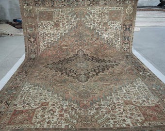 9&#39;4x13&#39;2 Heriz Vintage Area Rug - Coral Persian Style Hand Knotted Medallion Low Pile Wool Rug - Antique Rug - Traditional Rug - Bedroom Rug