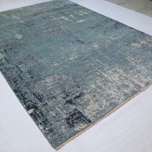 Tapete abstrato 7x10 - Tapete afegão azul-cinza com nó feito à mão em lã contemporânea com toque de seda - Tapete moderno - Tapete de designer - Tapete artístico - Tapete de quarto