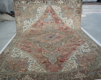 10x14 Heriz Vintage Area Rug - Muted Red Persian Style Handmade Traditional Low Pile Wool Rug - Geometric Rug - Medallion Rug - Antique Rug